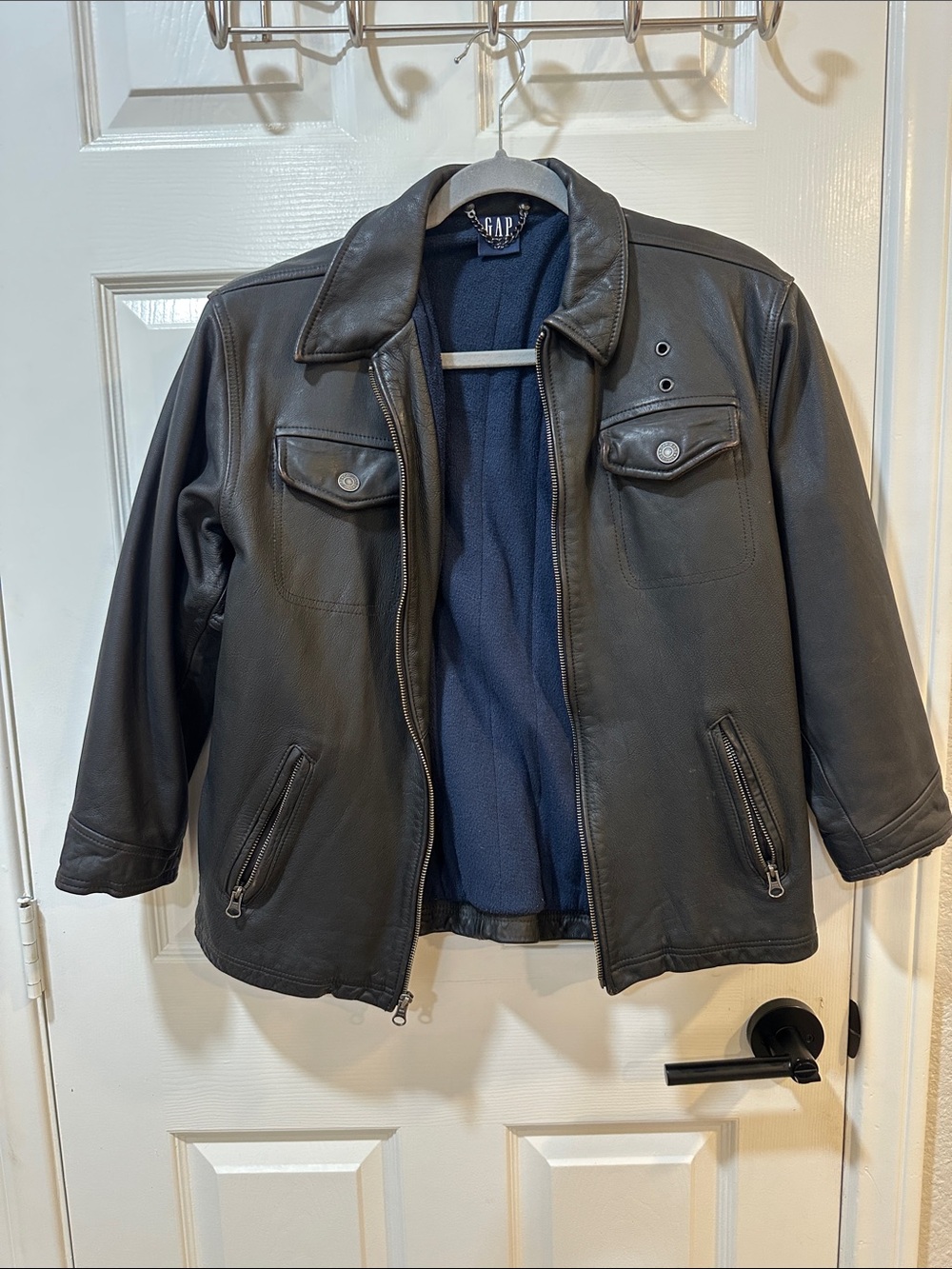GAP Black Leather Bomber Jacket with Navy Lining